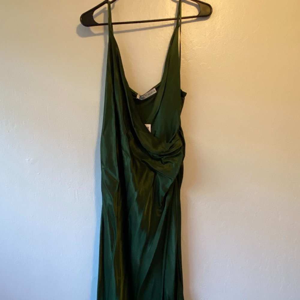 Zara Satin Effect Midi Slip Green Draped Dress Size XL- NWT